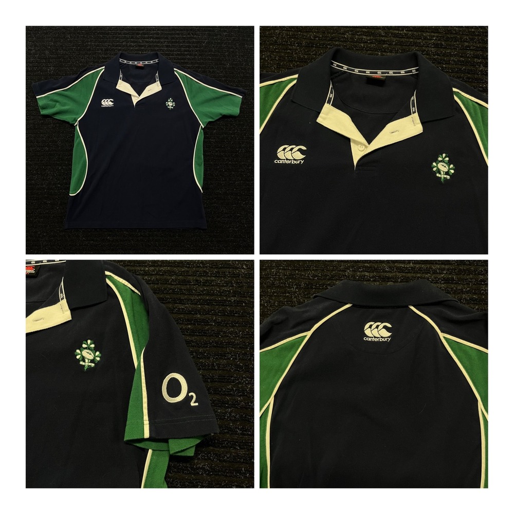 Canterbury Ireland Rugby Polo Shirt Mens Large Navy Green IRFU O2 Jersey